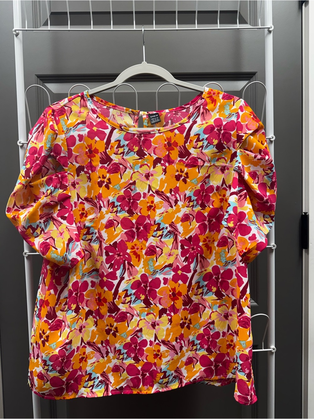 SHEIN Pink & Yellow Floral Puff-Sleeve Blouse